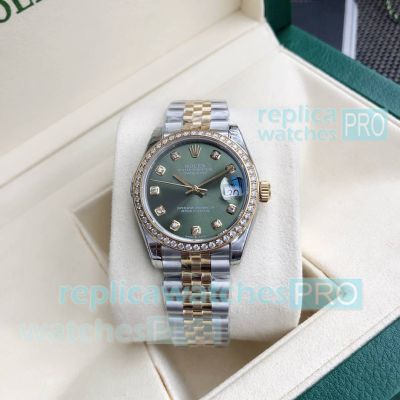 Swiss copy Rolex Datejust 31mm green face two-tone stainless steel diamond bezel watch 